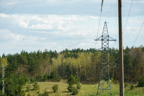 Power lines running through the forest. The support of an overhead power line. Natural landscape and technological progress.