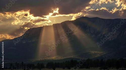   The sun s rays pierce through the clouds  illuminating a lush grassy field in front of majestic mountains with a horse peacefully grazing in the foreground