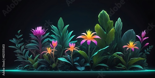isolated on dark gardient background with copy space, neon Garden Plants concept, illustration photo
