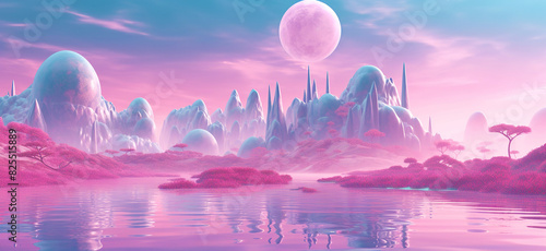 3D render of a surreal futuristic landscape with buildings made from rocks and water, pink sky blue background, dreamy pastel colors #825515889