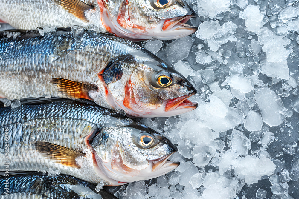 Three fresh sea bass on ice with copy space on the right. View from above Three fresh sea bass on ice with copy space on the right. View from above