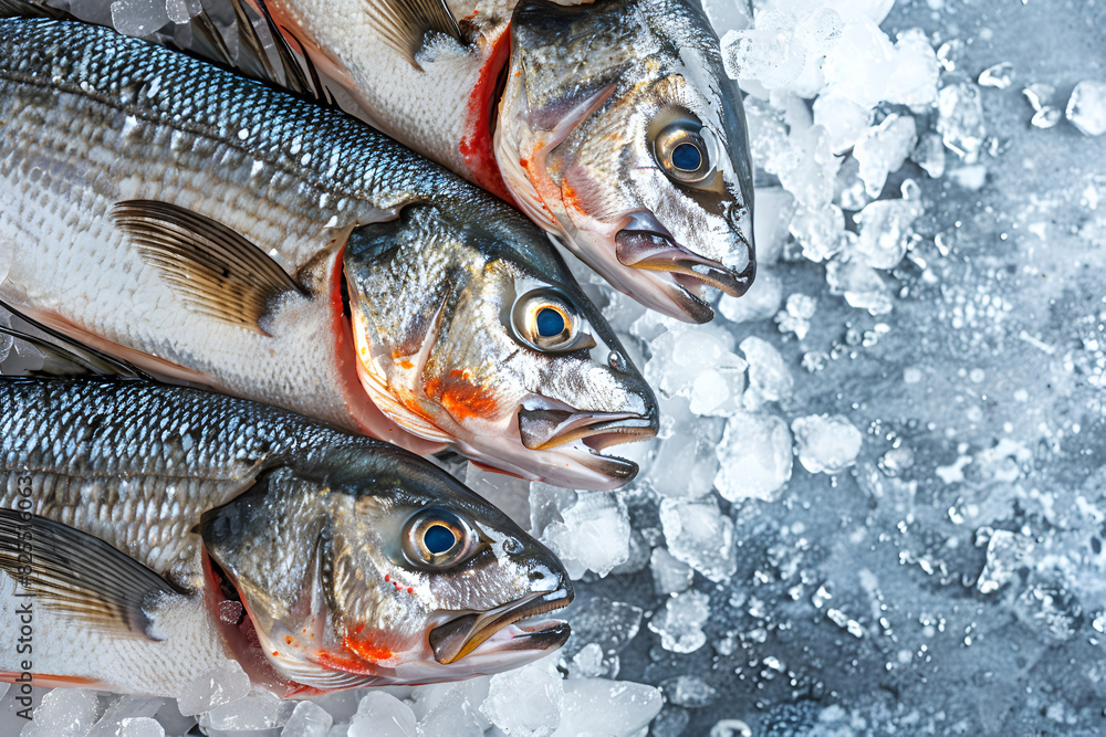 Three fresh sea bass on ice with copy space on the right. View from above Three fresh sea bass on ice with copy space on the right. View from above