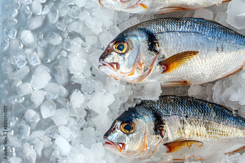 Two fresh Dorado on ice with copy space on the left. View from above Two fresh Dorado on ice with copy space on the left. View from above