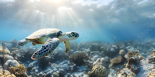 Hawksbill Sea Turtle Swimming Over Yap s Pacific Ocean Reef. Concept Ocean Wildlife  Marine Conservation  Underwater Photography