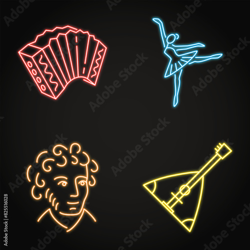 Russian culture national symbols neon icon set