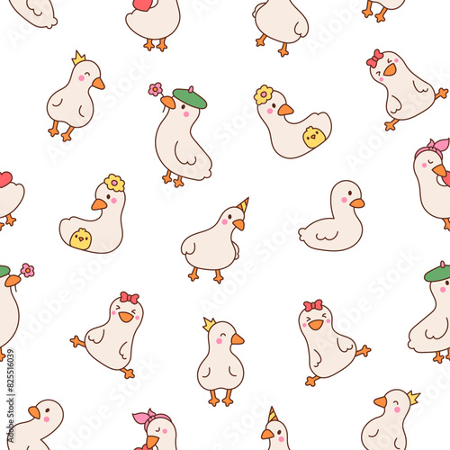 Cute kawaii goose. Seamless pattern. Cartoon funny duck characters. Hand drawn style. Vector drawing. Design ornaments.