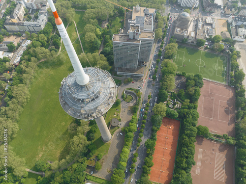 Aerial drone view on the Colonius telecommunications tower in Cologne, Germany. Icon of the skyline. photo