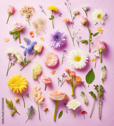 A collection of various flowers in pastel colors, arranged on a pink background