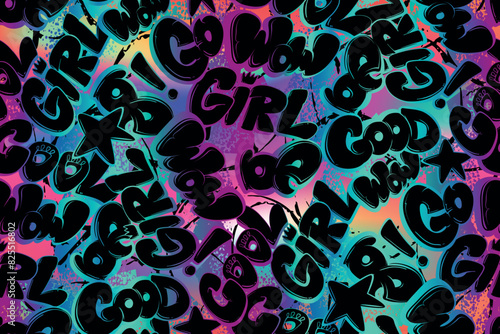 Abstract seamless chaotic pattern with graffiti background. Lettering urban ornament. Grunge texture background. Wallpaper for girl sport clothes. Fashion cool teen style
