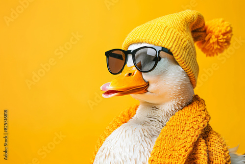 A duck wearing sunglasses and a jacket photo