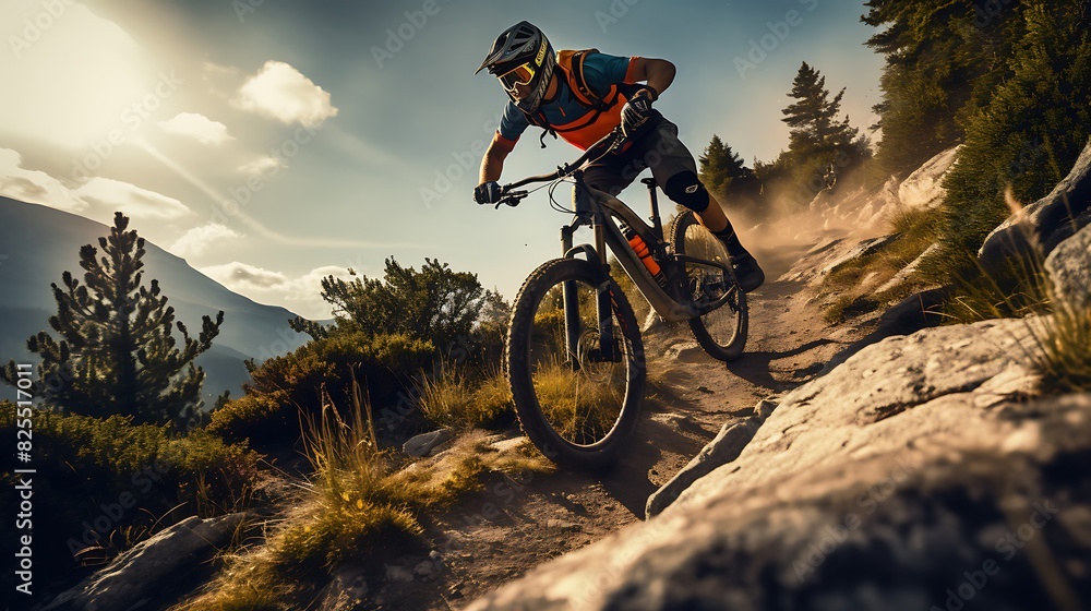 Naklejka premium Action shot of a cyclist racing down a mountain trail