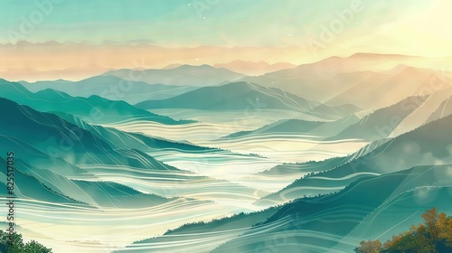   A stunning depiction of a majestic mountain landscape with lush trees in the foreground and a brilliant sun setting behind them  casting golden hues on the scene