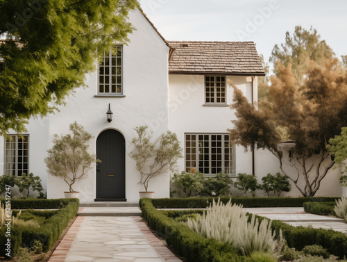 White modern house home beautiful farmhouse cottage french gridded windows traditional transitional classic architecture view of exterior front lawn and paved brick driveway