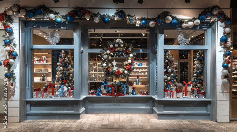 Charming shop exterior adorned with christmas wreaths, lights, and presents
