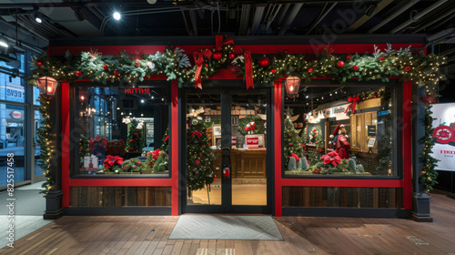 Charming storefront adorned with christmas wreaths, garlands, and lights welcoming holiday shoppers © Michael