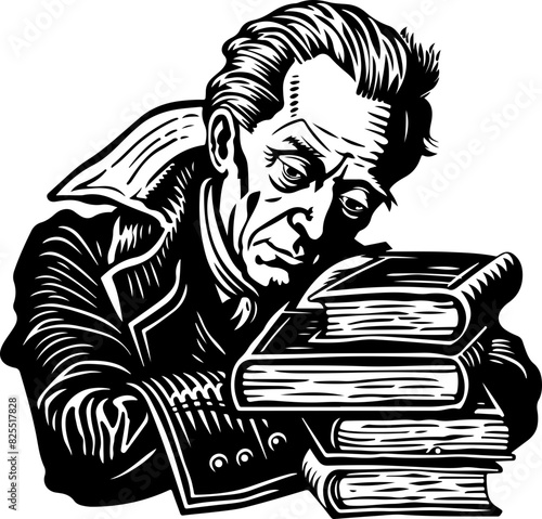 Vintage Illustration of a Pensive Man with Books