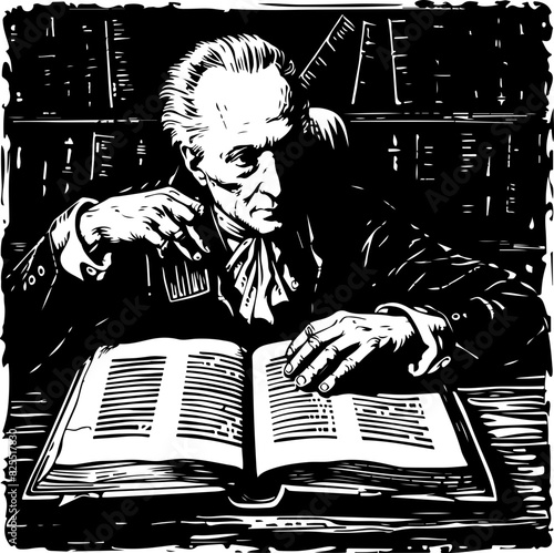 Monochrome Illustration of Historian Reading in Library
