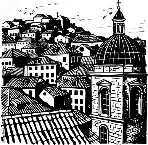 Black and White Illustration of Mediterranean Town with Dome