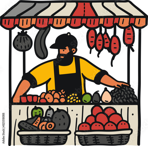 Vendor at Market Stall with Fruits and Hanging Sausages