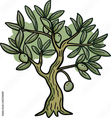 Cartoon Olive Tree with Green Leaves and Olives