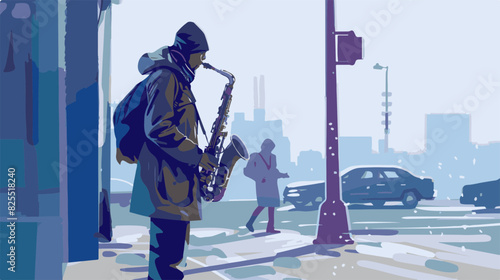Street Musician Playing Saxophone in Urban Winter Scene