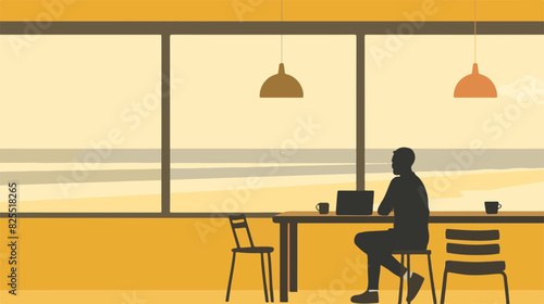 Man Working in Beachfront Cafeteria with Ocean View