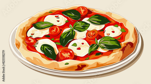Italian Margherita Pizza Illustration with Fresh Basil and Tomatoes