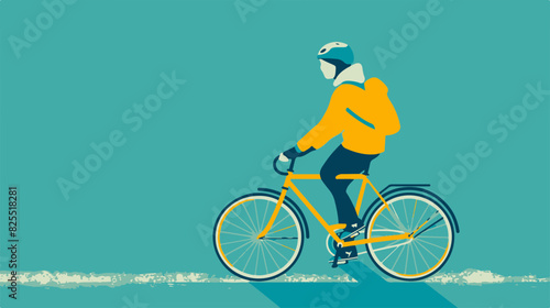 Illustration of Person Biking in Yellow Jacket on Blue Background