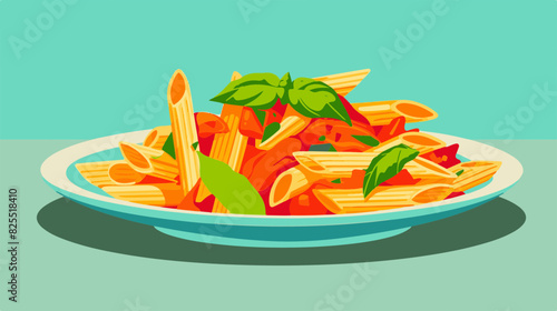 Illustrated Plate of Penne Pasta with Tomato Sauce and Basil