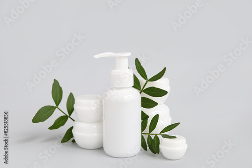 Set of cosmetic products and twigs on grey background © Pixel-Shot