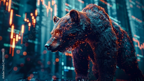 Stock market chart in background and angry bear in illuminated electronic look in front