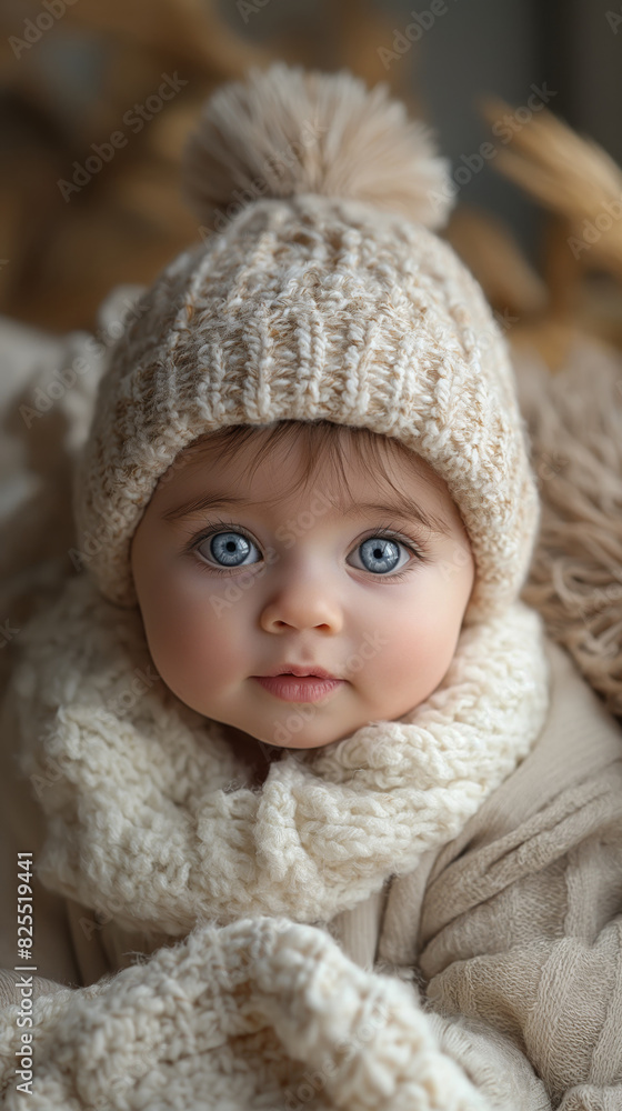 Cute little girl wrapped in knitted clothes and a hat on her head Cute little girl wrapped in knitted clothes and a hat on her head