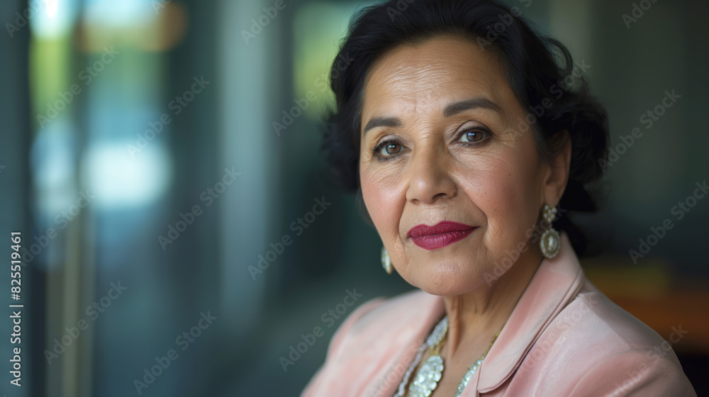 old Mexican business woman in her fifties with a pink jacket and earrings, looking at the camera