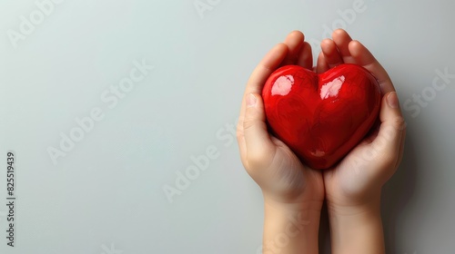 Tiny Baby Hand Reaching for a Red Heart on a White Backdrop - A Symbol of Innocence and Love photo