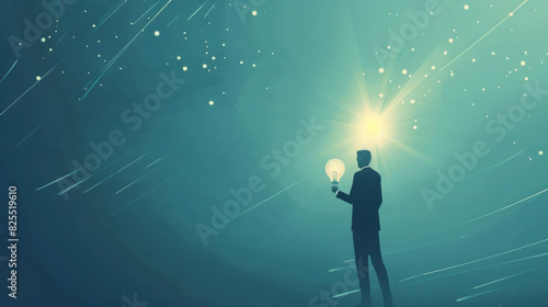 Dynamic backdrop with silhouette of a man holding a light bulb and rays of light © Michael