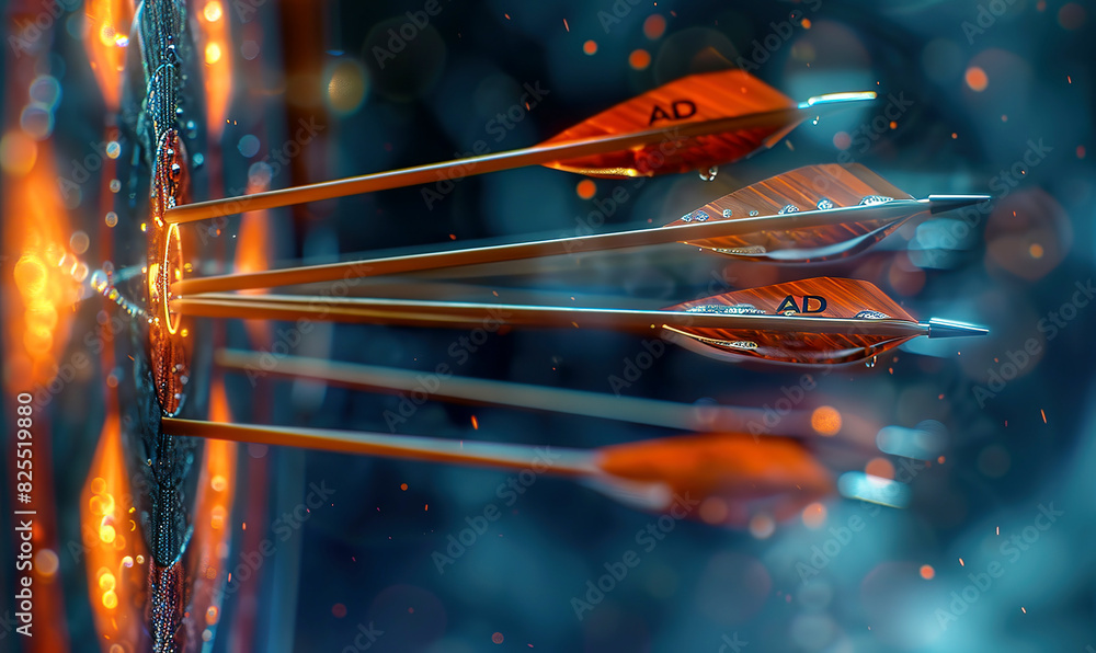 Arrows with AD written on them hitting the target board. great strategy, advertising, success.Generative AI