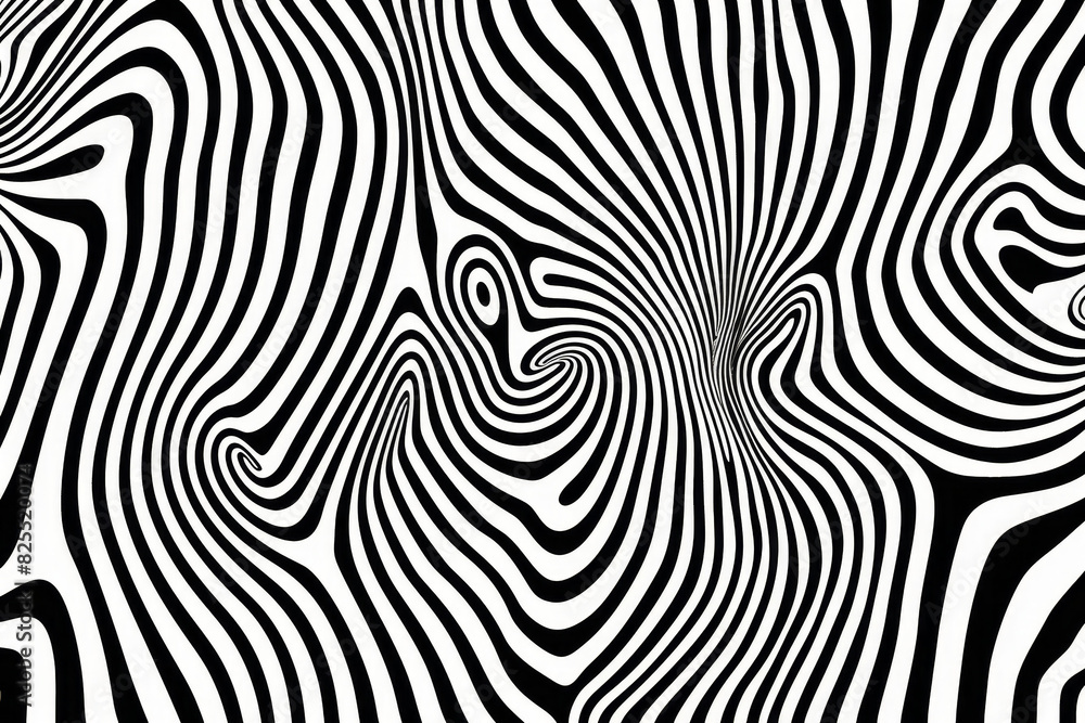 Vector op art background with black and white lines in the style of vector illustration, simple line drawing, fluid organic shapes, symmetrical design, spirals and curves