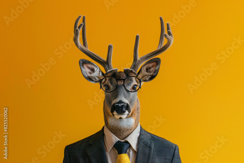 A deer with glasses on its face is wearing a suit