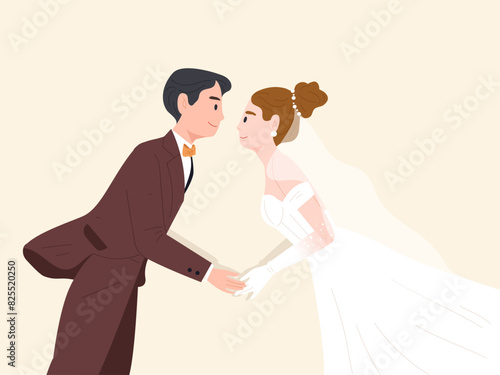 Young bride and groom in wedding dress looking at and holding each other's hand. Married illustration for invitation card, greeting card, marriage poster, banner, print or flyer. Flat vector.