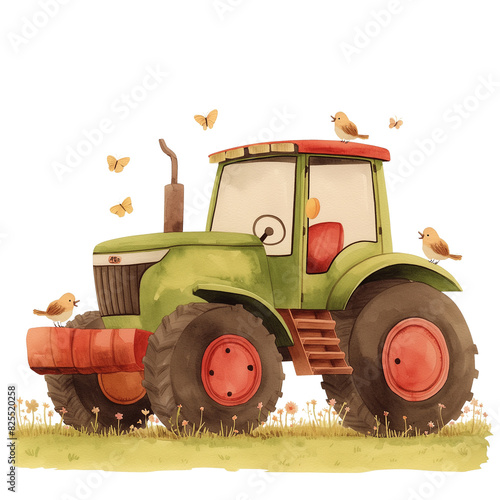 Cute Funny tracktor kid's illustration watercolor on white background