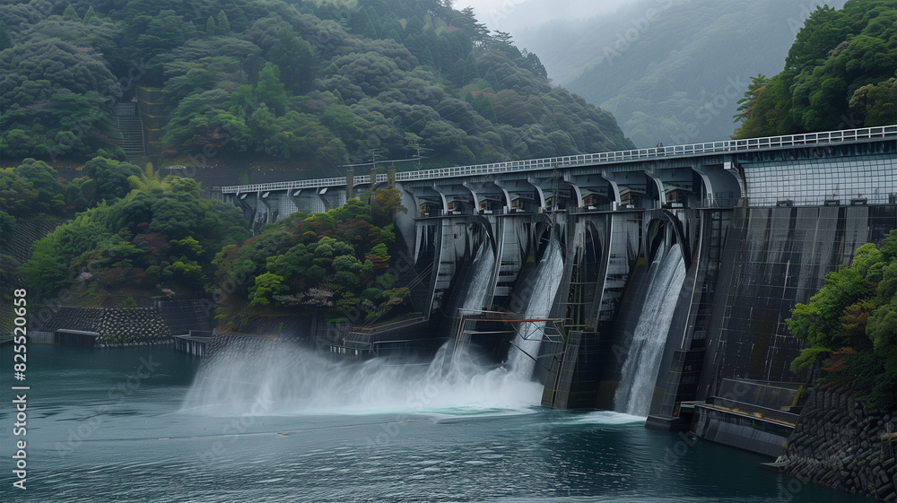 放水中のダム 豪雨 放水中のダム 豪雨