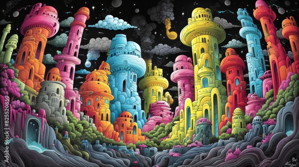 Φωτογραφία A painting of a colorful city with many buildings and trees, AI