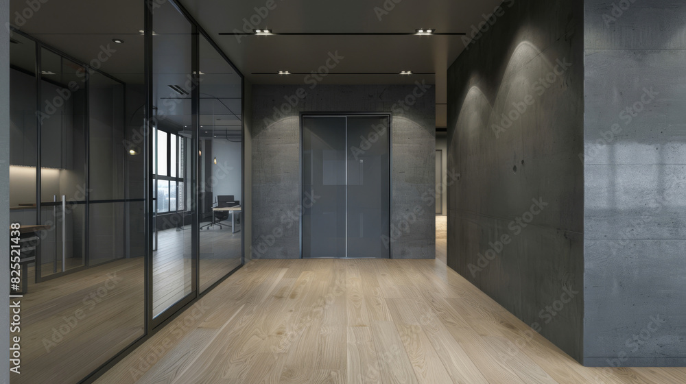 Sleek contemporary office space with glass walls, concrete and wooden floors illuminated by subtle lighting