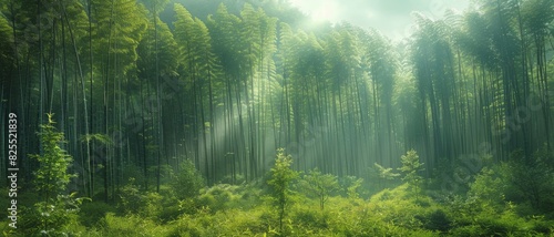 Bamboo Grove, illuminating the tranquil surroundings with a warm glow. Eco-Friendly Spot for Yoga and Meditation. photo