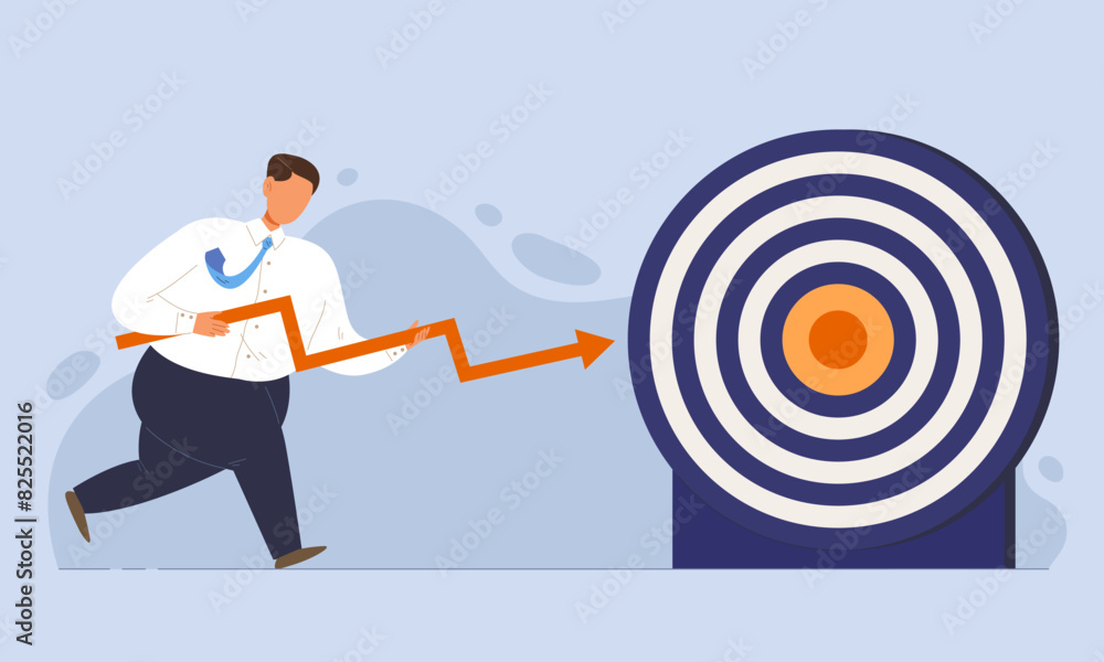 Business man holding grown graph arrow and running to target archery. Concept of goal achievement, successful business, hard working for goal, aim mission challenge task. Flat vector illustration. Business man holding grown graph arrow and running to target archery. Concept of goal achievement, successful business, hard working for goal, aim mission challenge task. Flat vector illustration.