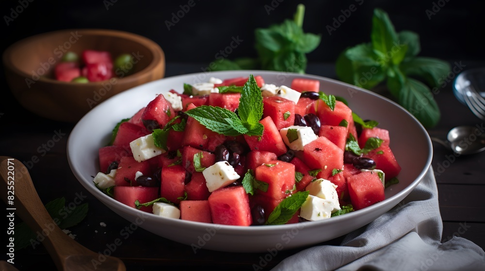 Fresh watermelon and feta cheese salad with mint leaves on a plate. Fresh watermelon and feta cheese salad with mint leaves on a plate.