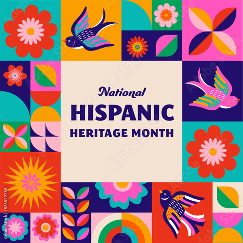 National hispanic heritage month celebration. Background, banner and card with flowers. Geometric colorful concept design floral pattern