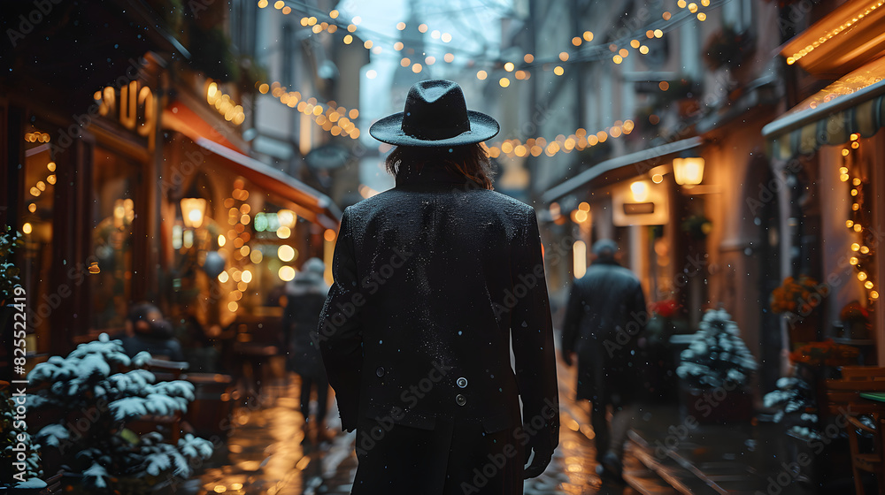 Man in a Black Coat and Fedora Walking Through a Snowy Market Man in a Black Coat and Fedora Walking Through a Snowy Market