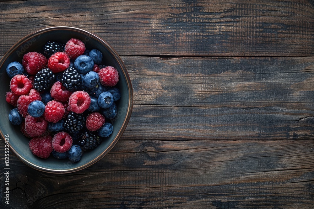 Berries In Bowl. Assortment of Delicious Berries on Wooden Table, Top View Berries In Bowl. Assortment of Delicious Berries on Wooden Table, Top View