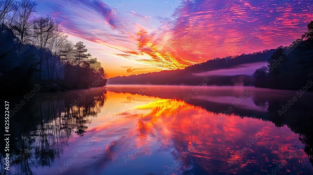 fiery sunrise reflecting on calm river surface vibrant natural landscape photography fiery sunrise reflecting on calm river surface vibrant natural landscape photography
